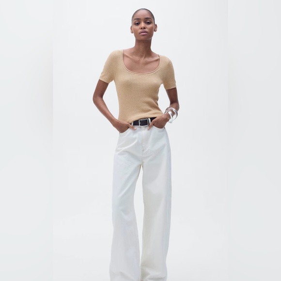 NWT Mango Beige Ribbed Knit Top Size Small - Picture 2 of 5